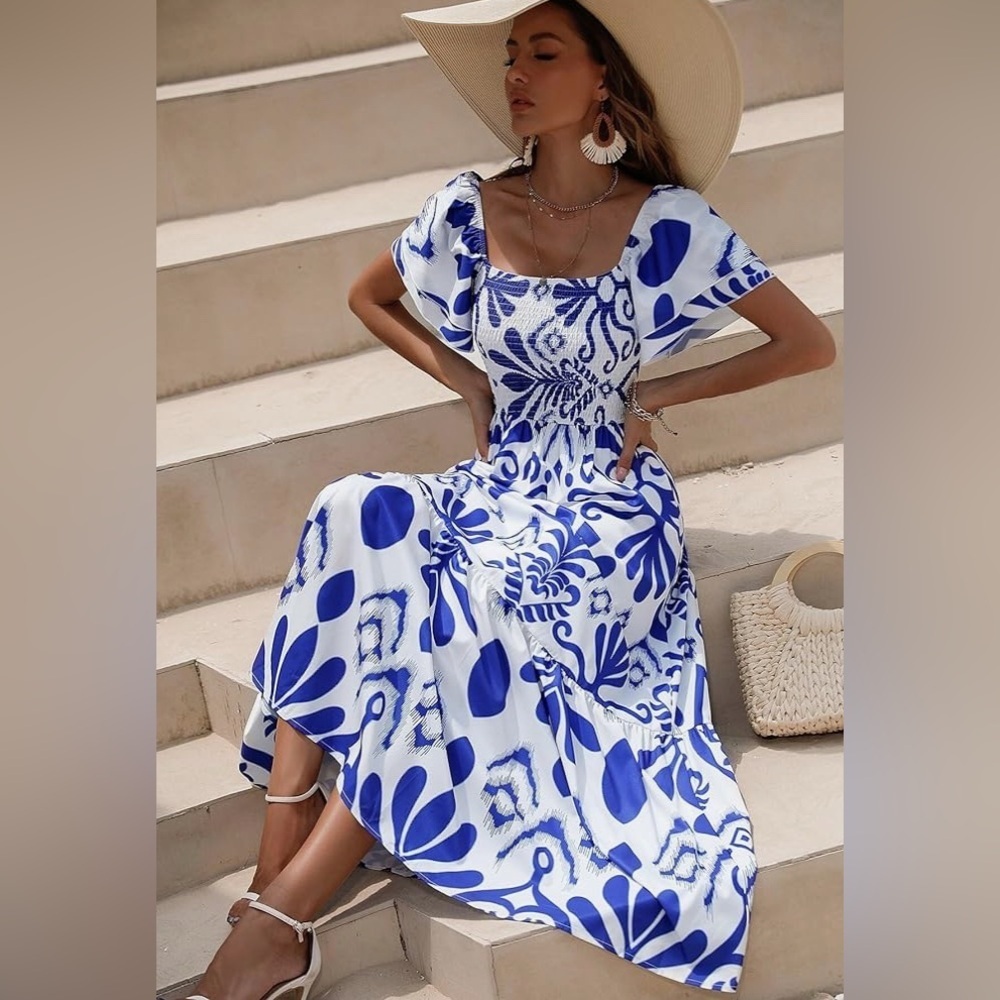 EFJONE Blue & White Allover Print Stretch Top Layer Sleeve Tiered Greek Dress XL - Picture 3 of 9
